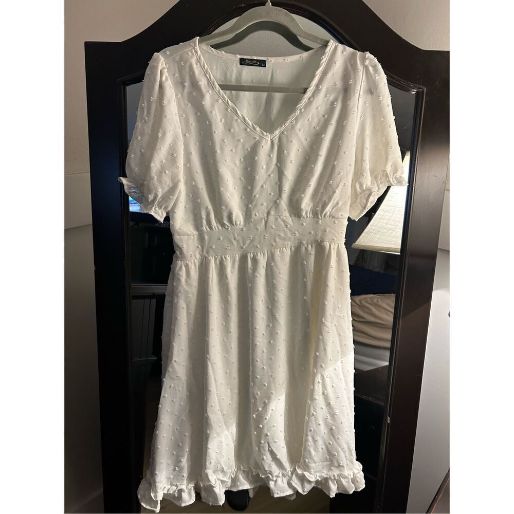 NEW White V Neck Short Sleeve Swiss Dot Mini Dress Pockets M - Picture 2 of 7